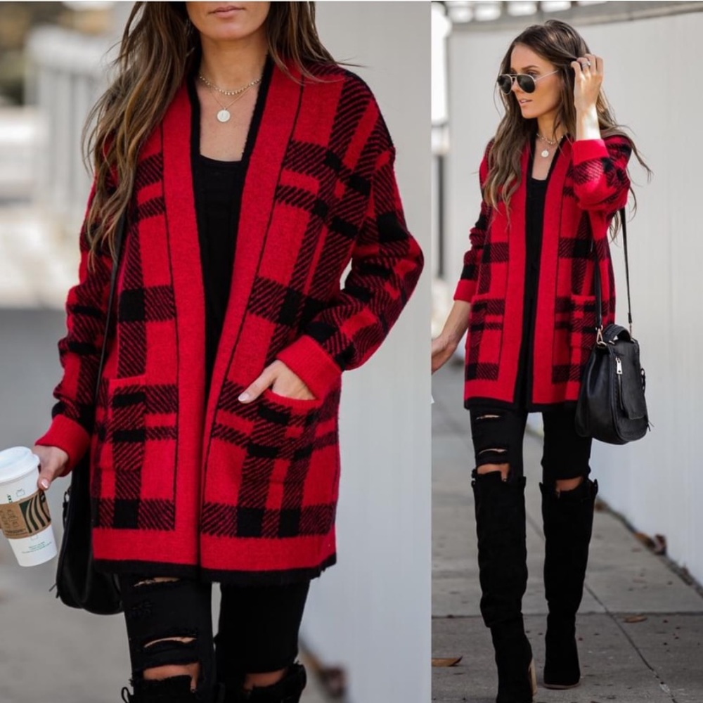 Vici - dee elly Black Rock Pocketed Plaid Cardigan